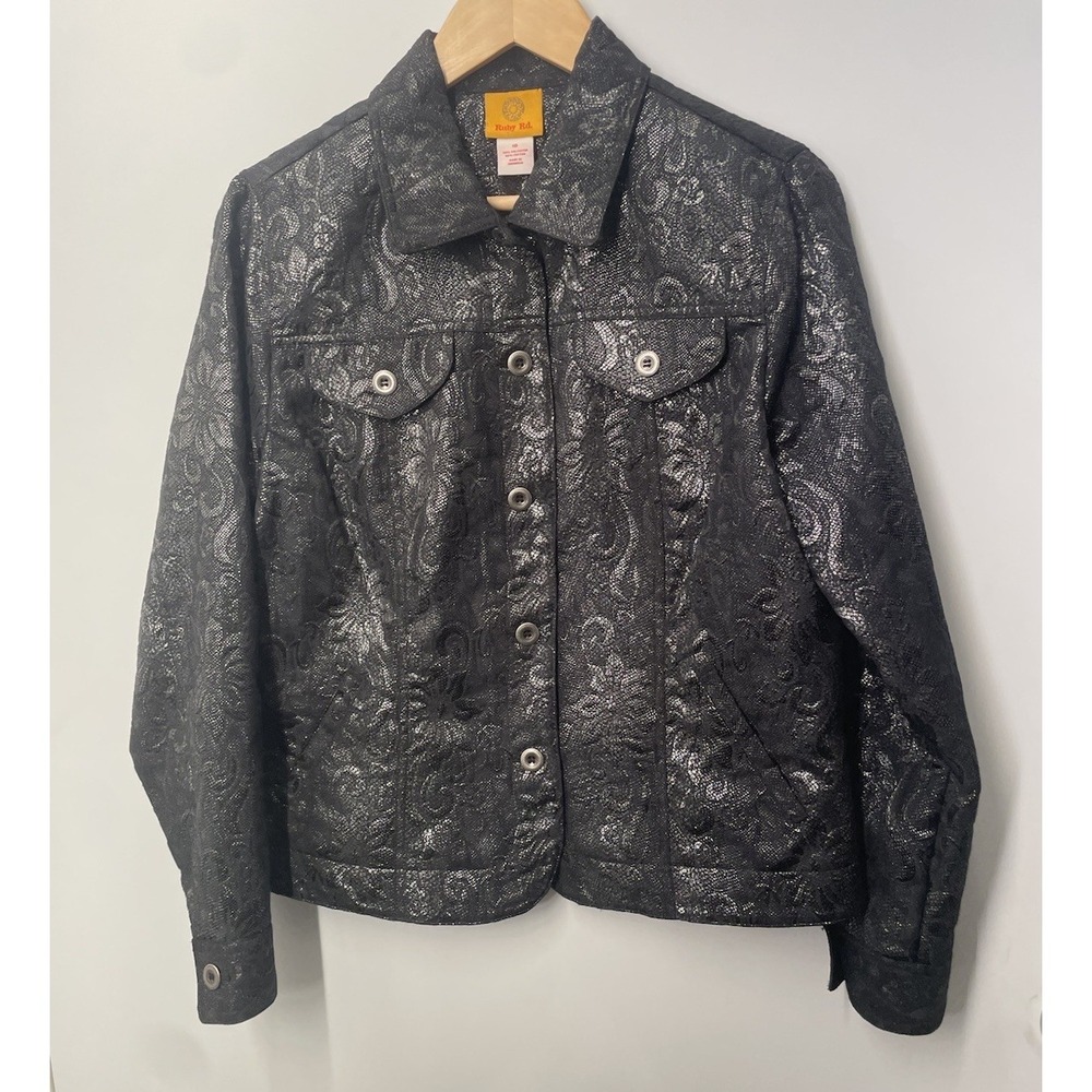 Ruby Rd‎ Womens Jacket Blazer Size 10 Black Metallic Brocade Button Front